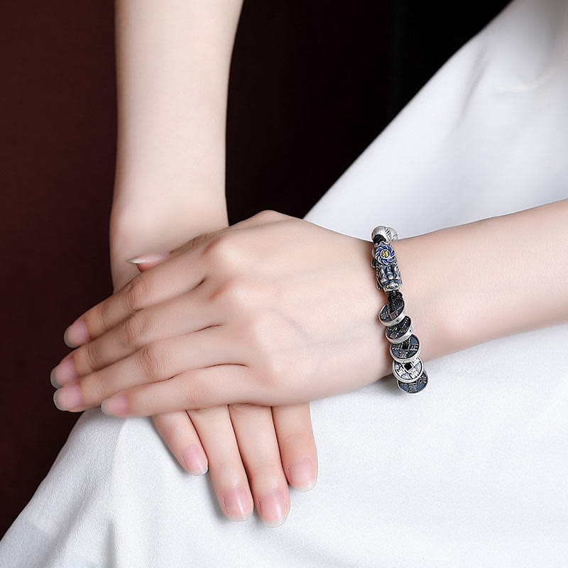 Handmade 999 Fine Silver Pixiu and Copper Coin Fu Character Braided Bracelet