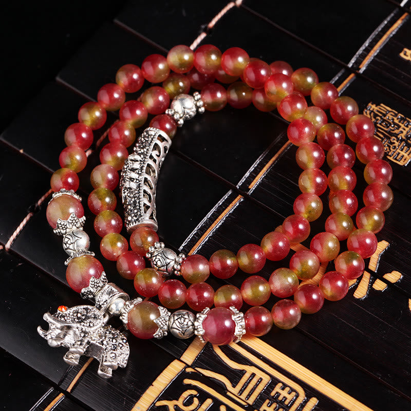 Natural Watermelon Tourmaline PiXiu Elephant Positive Triple Wrap Bracelet