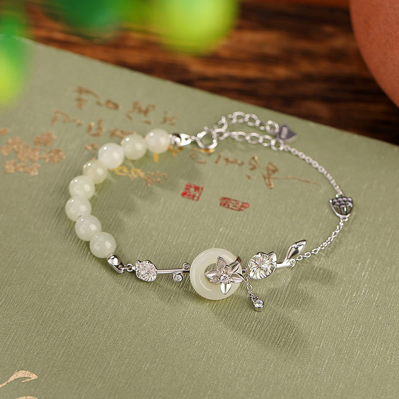 925 Sterling Silver Hetian Jade Peace Buckle Lotus Luck Chain Bracelet