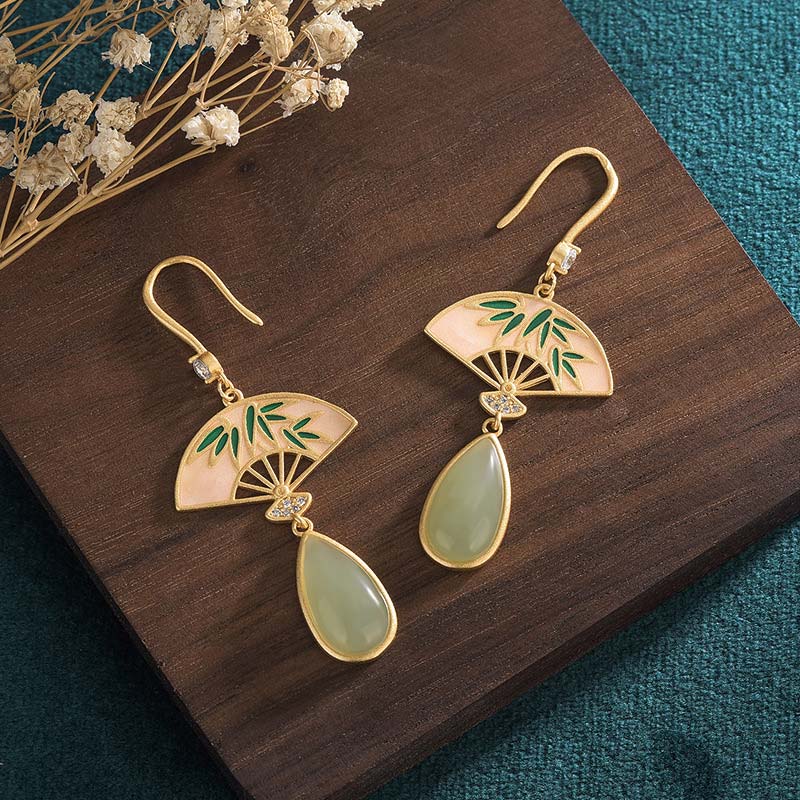 Natural Green Aventurine Fan Pattern Luck Drop Earrings