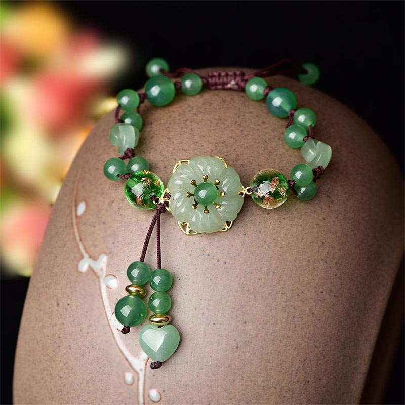 Natural Cyan Jade, Green Aventurine & Agate Dangling Flower Beaded Bracelet