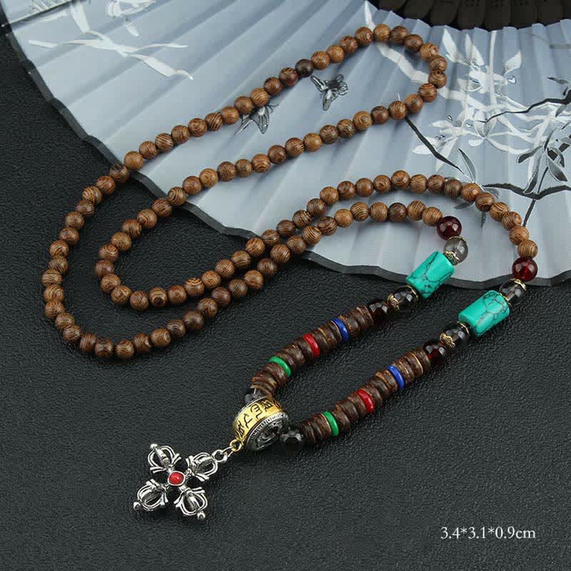 Tibetan Om Mani Padme Hum Prayer Wheel Rotation Vajra Wood Necklace Pendant