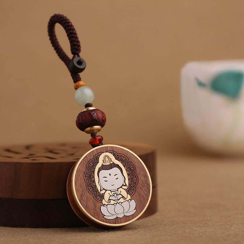 Ebony Wood Rosewood Buddha Avalokitesvara Om Mani Padme Hum Balance Car Key Chain Decoration