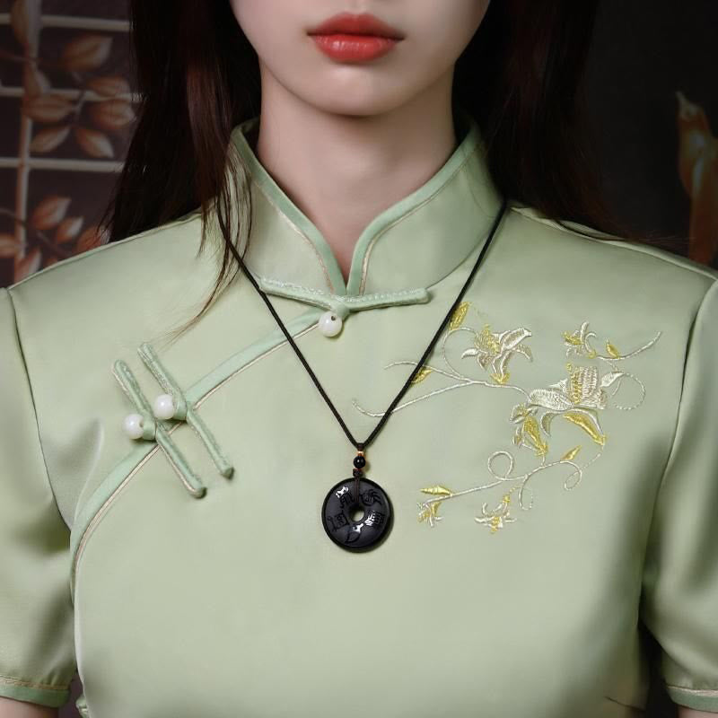 Black Obsidian Taoism Five Sacred Mountains Carved Strength Peace Buckle Necklace Pendant Key Chain Phone Hanging Decoration