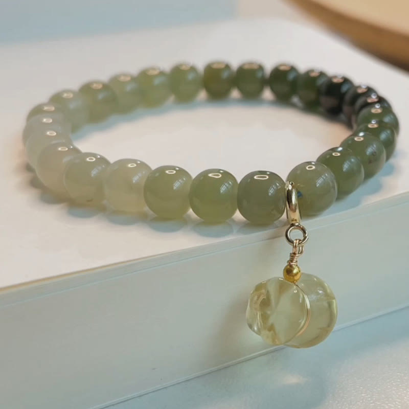 Natural Hetian Jade Beaded Bracelet with Symbolic Money Bag Charm