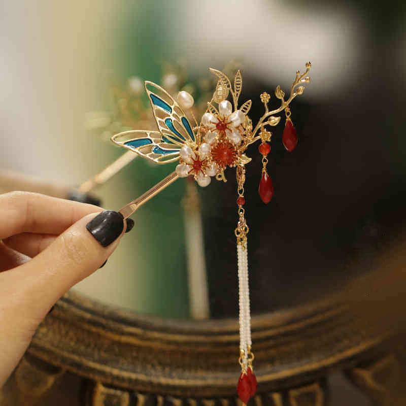 Classical Chinese Style Flower Branche Butterfly Pearl Tassel Hair Clip Hair Comb Hair Crown