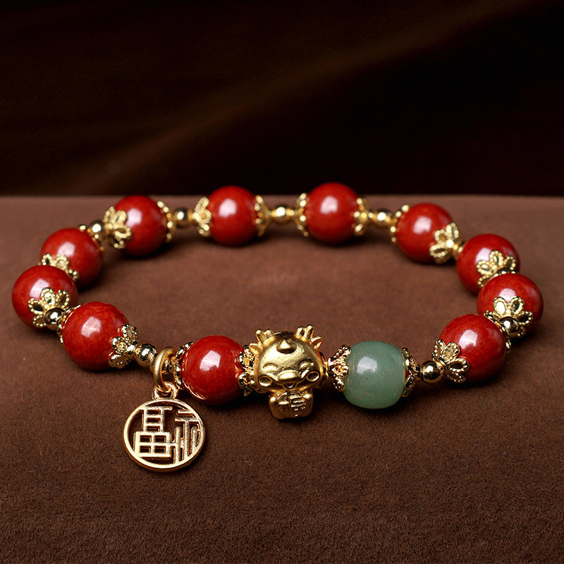Year of the Dragon Natural Cinnabar Fu Character Charm Blessing Bracelet