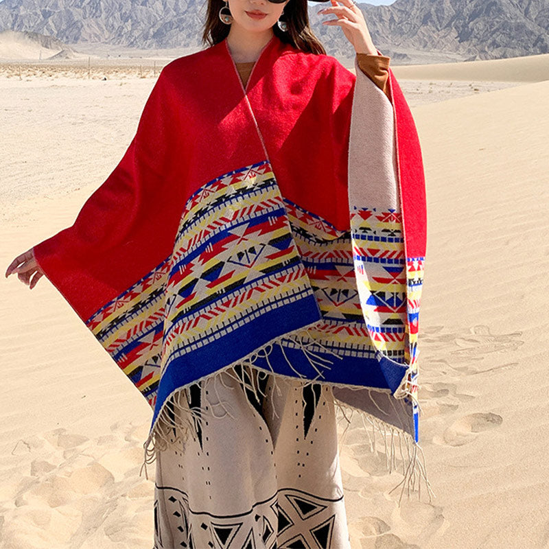 Tibetan Shawl Colorful Geometry Winter Cozy Travel Scarf Wrap
