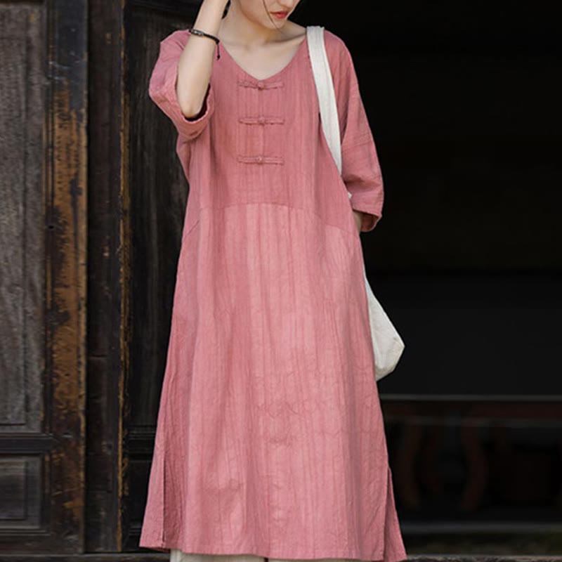 Ramie Linen Tie-Dye Frog-Button Meditation Midi Dress & Wide-Leg Pants Set