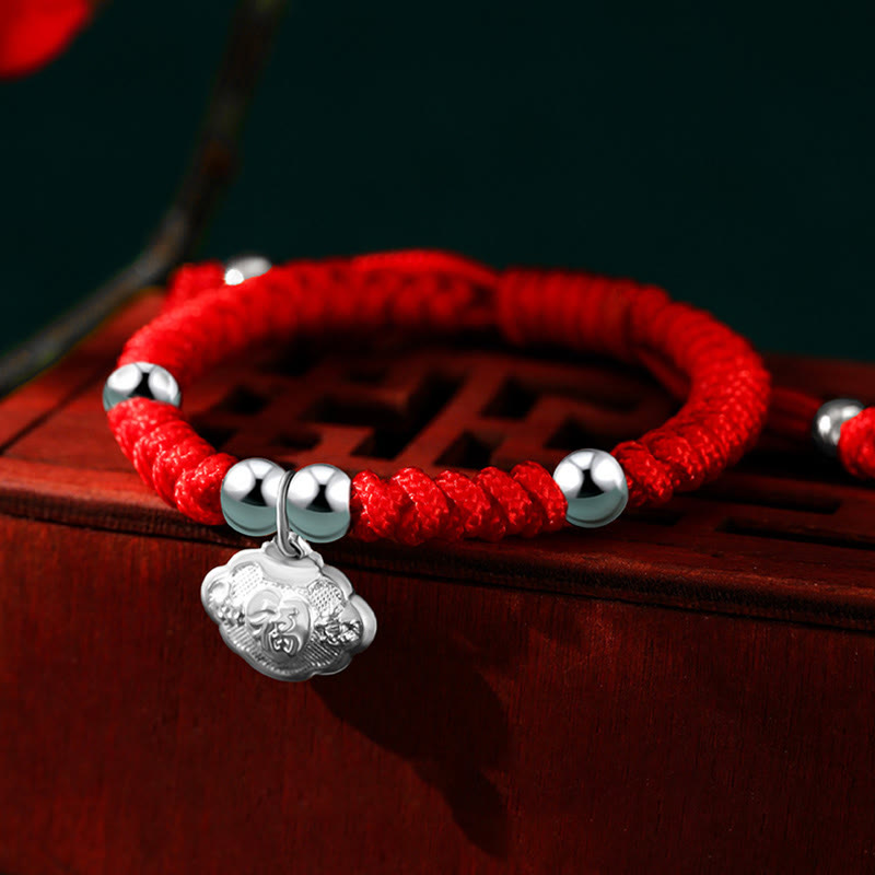 925 Sterling Silver Handmade Fu Character Lucky Money Bag Chinese Lock Charm Bell Lotus Copper Coin King Kong Knot Braided Kids Bracelet