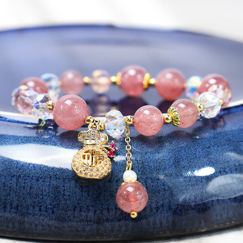 Natural Strawberry Quartz Crystal Beaded Bracelet with Carved Money Bag Charm
