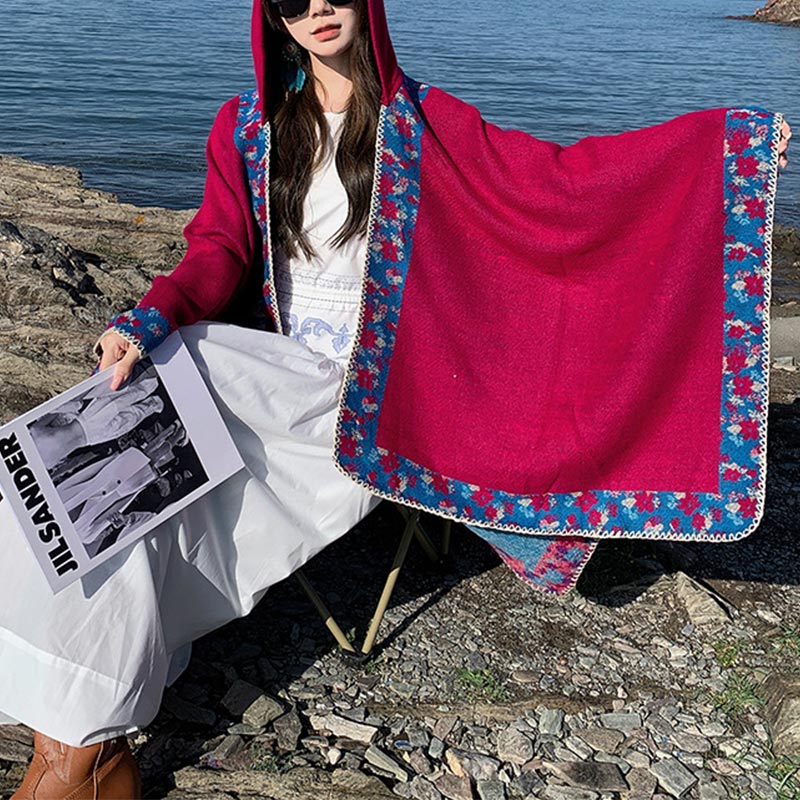 Tibetan Shawl Border Small Floral Flower Hooded Cloak Winter Cozy Travel Scarf Wrap