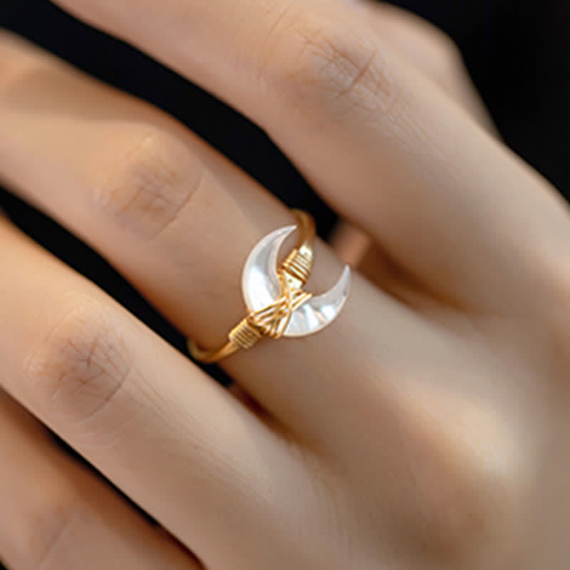 Natural Tridacna Stone Moon 14K Gold Blessing Ring