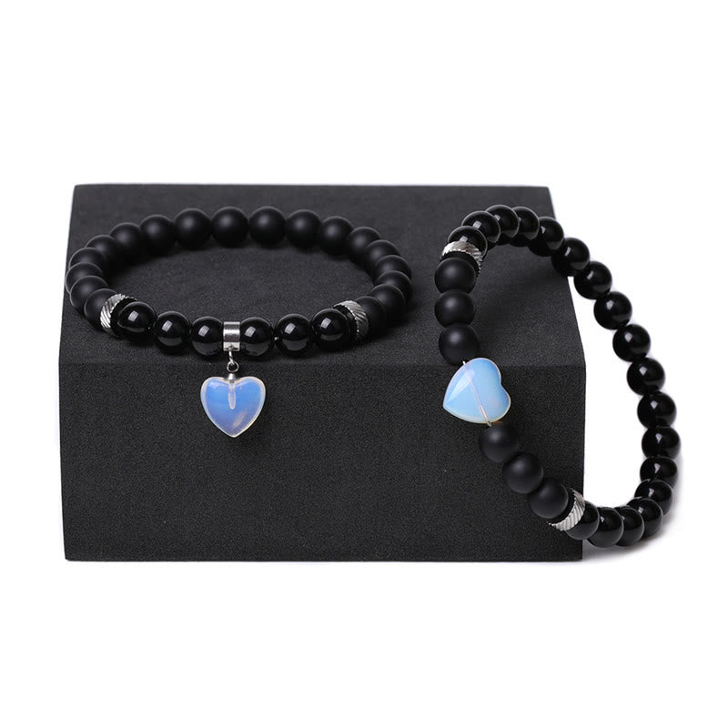 2Pcs Black Onyx Crystal Stone Love Heart Protection Support Couple Bracelet