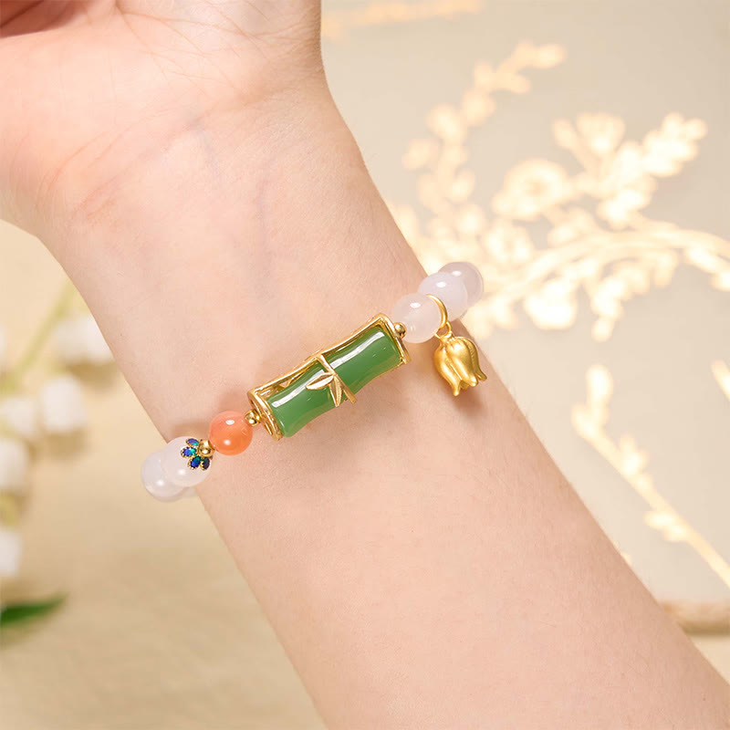 Natural White Agate Jadeite Bamboo Bead Bracelet (14-16cm Wrist) for Clarity