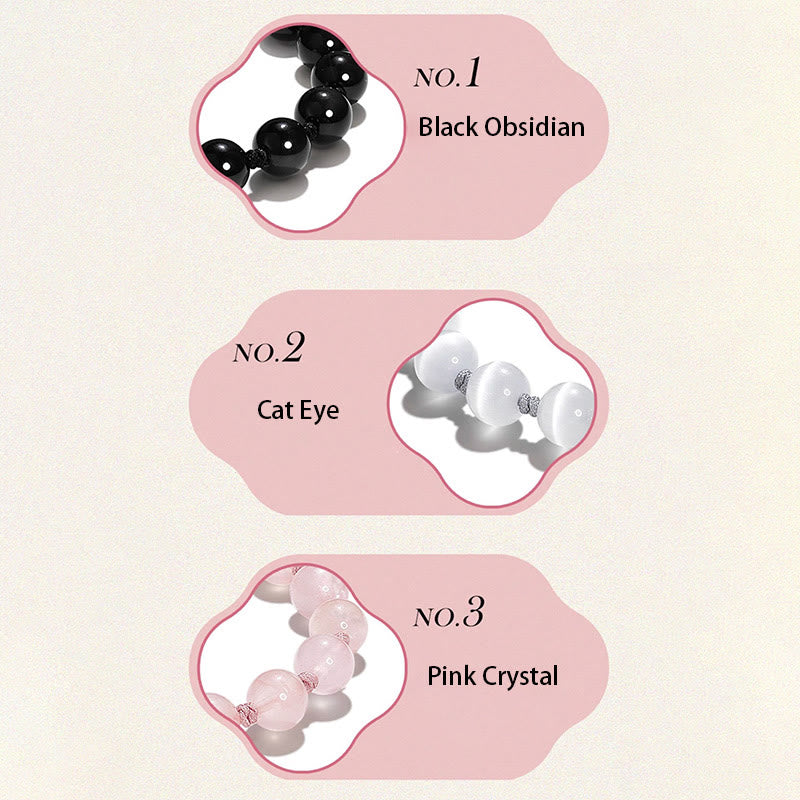 Natural Black Obsidian Cat's Eye Pink Crystal PiXiu Strength Bracelet