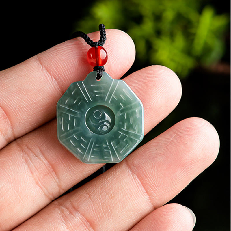 Natural Jade FengShui Bagua Yin Yang Prosperity Necklace Pendant