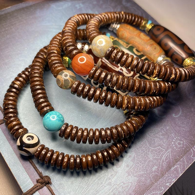 Handmade Tibetan Nine-Eye Dzi Agate Bead Braided Cord Bracelet