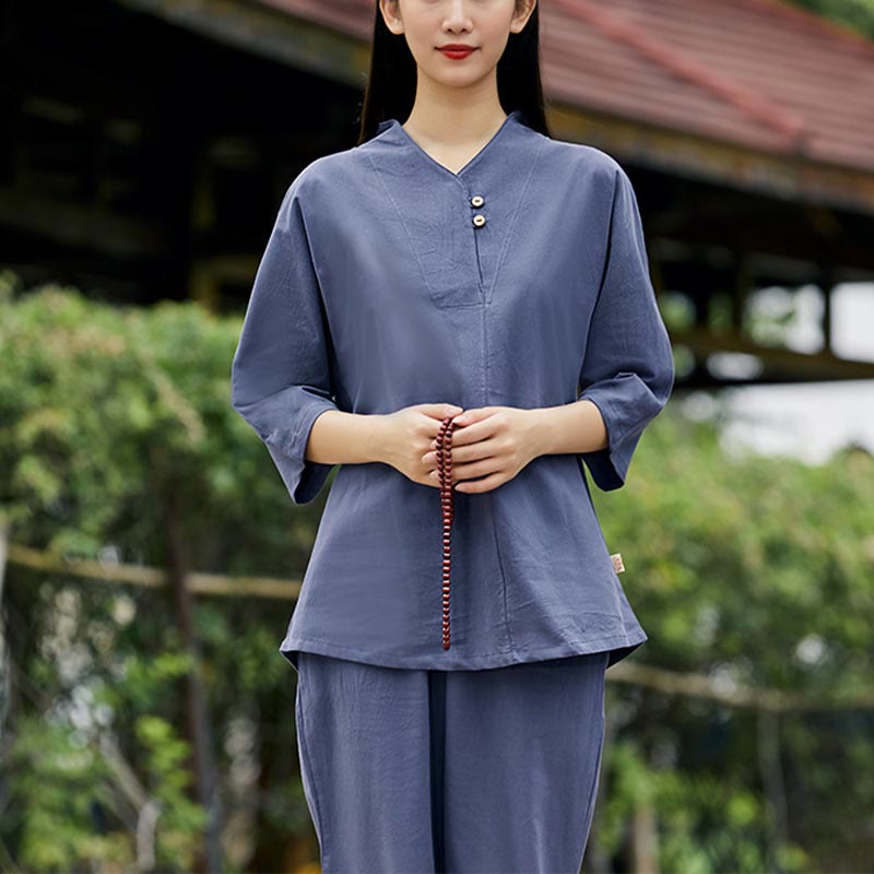 2Pcs Shirt Top Pants Meditation Zen Tai Chi Cotton Linen Clothing Women's Set