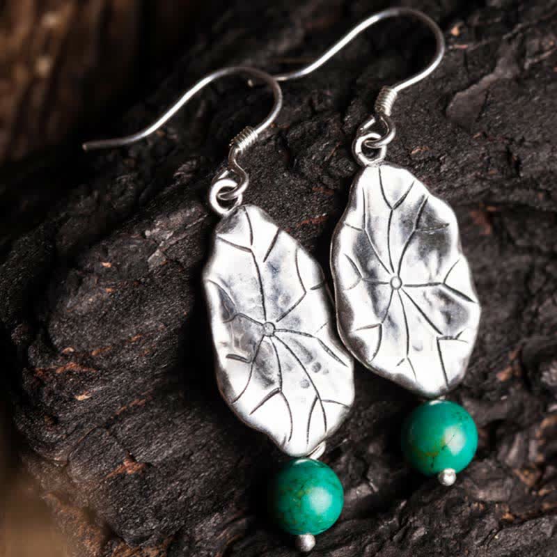 925 Sterling Silver Turquoise Lotus Leaf Handcrafted Drop Dangle Earrings