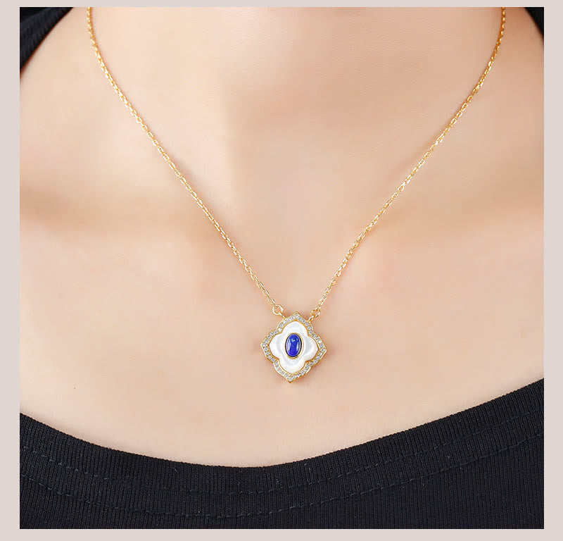 925 Sterling Silver Tridacna Stone Lazurite Prismatic Design Blessing Earrings Necklace Pendant Jewelry Set