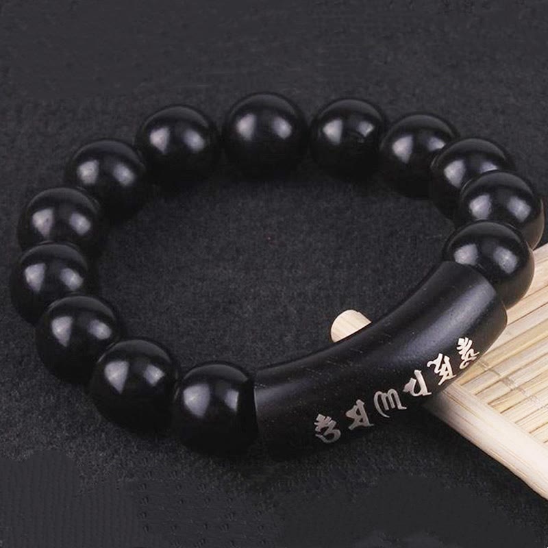 999 Fine Silver & Ebony Wood Om Mani Padme Hum Mantra Beaded Bracelet