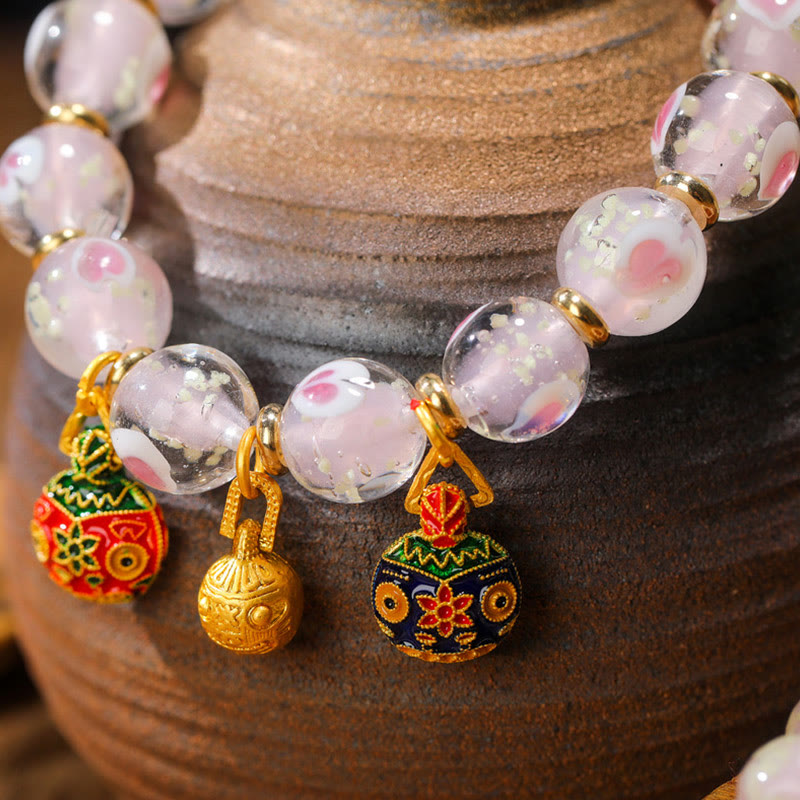Gold Swallowing Beast Family Charm Luminous Pink Love Heart Fluorescent Liuli Glass Bead Blessings Bracelet