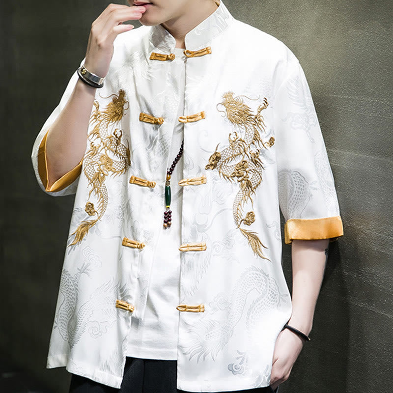Frog-Button Chinese Dragon Embroidery Half Sleeve Shirt Linen Men Clothing