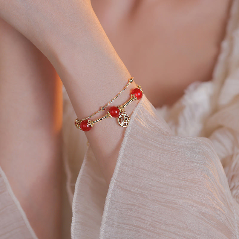Red Agate and Copper Fu Character Charm Bracelet for Self-Acceptance