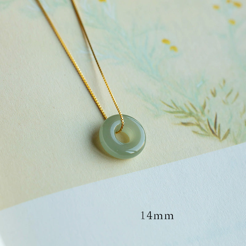 Natural Round Jade Ping An Kou 925 Sterling Silver Gold Plated Pendant Necklace