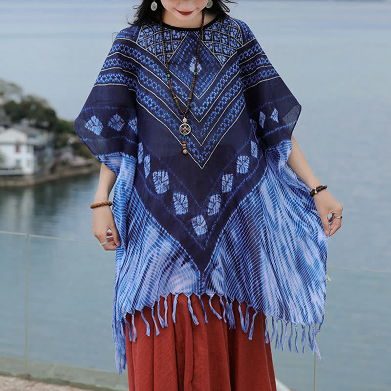 Soft-Touch Blue Geometric Batik Meditation Pullover Shawl