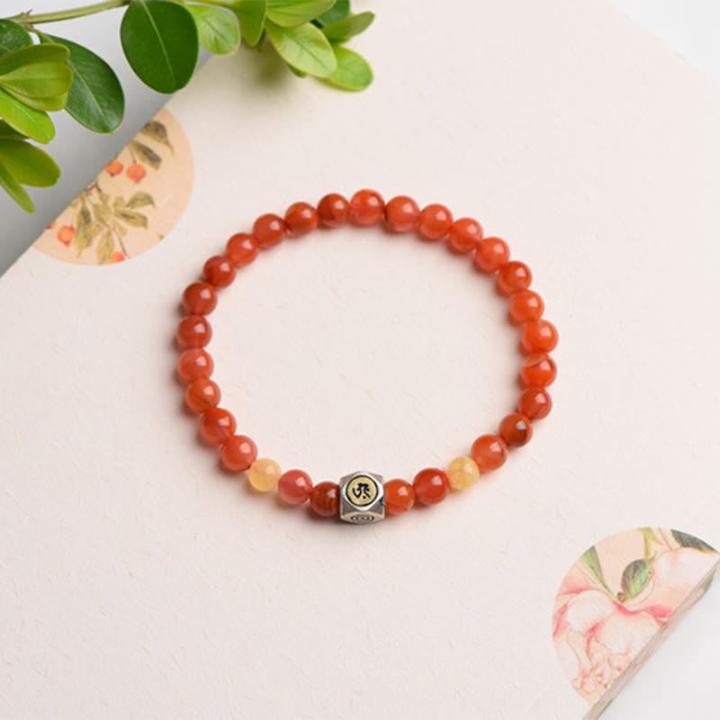 925 Sterling Silver Amber and Red Agate Zodiac Guardian Buddha Beaded Bracelet
