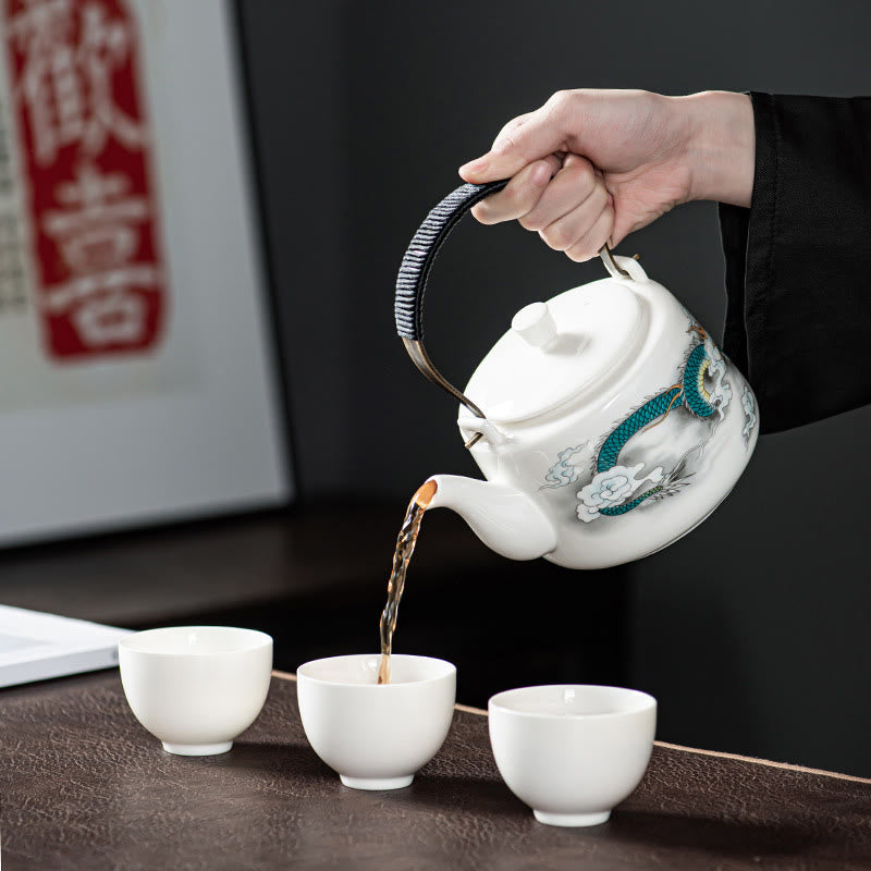 Vintage Dragon Mountain Fisherman Landscape White Porcelain Ceramic Kung Fu Teapot