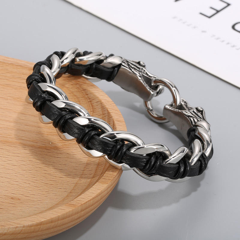Masculine Dragon Braided Leather and Titanium Steel Bracelet