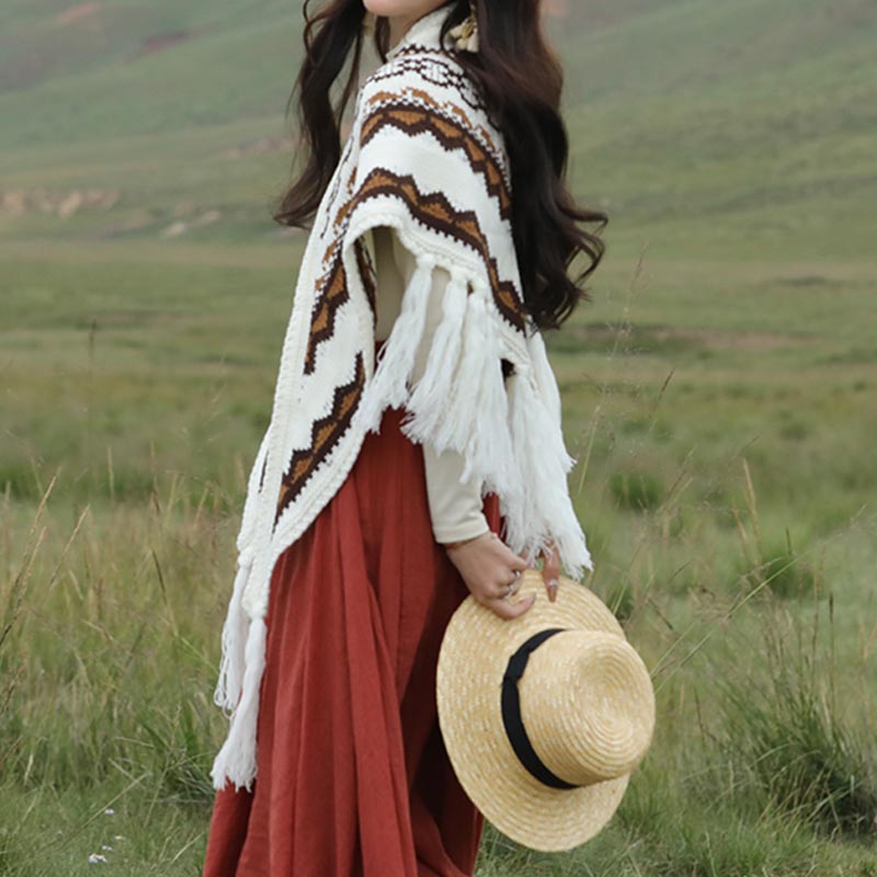 Tibetan Triangular Shawl Striped Tassels Winter Cozy Travel Scarf Wrap