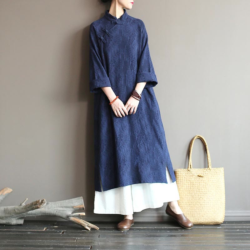 Flower Jacquard Midi Dress Long Sleeve Cotton Linen Dress Wide Leg Pants With Pockets