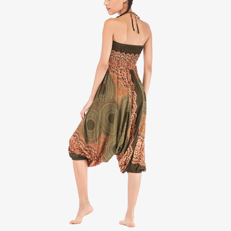 Two Style Wear Round Geometric Pattern Loose Smocked Harem Trousers Jumpsuit High Waist Women's Yoga Pants