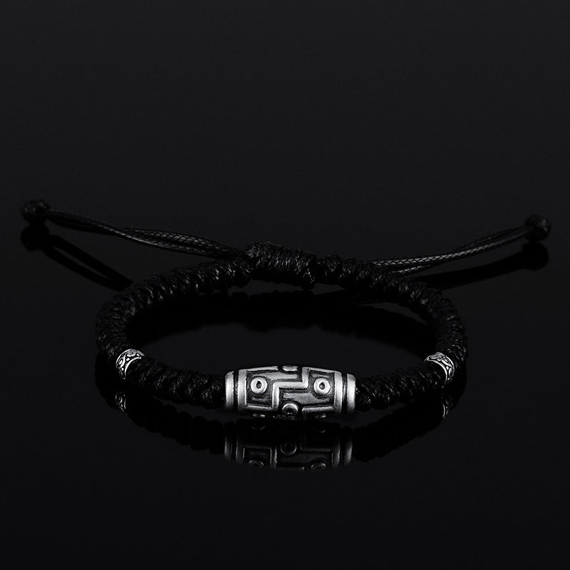 999 Sterling Silver Nine-Eye Dzi Bead Pattern Blessing Rope Bracelet