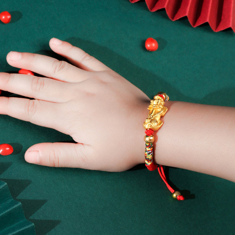 999 Sterling Silver Pixiu Red String Braided Vajra Knot Bracelet for Kids