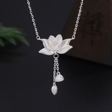 999 Sterling Silver Lotus Flower Pod Carved Enlightenment Necklace Pendant