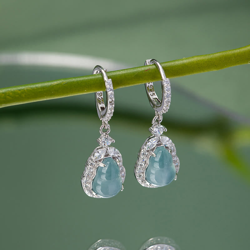 925 Sterling Silver Green Jade Wu Lou Gourd Drop Earrings