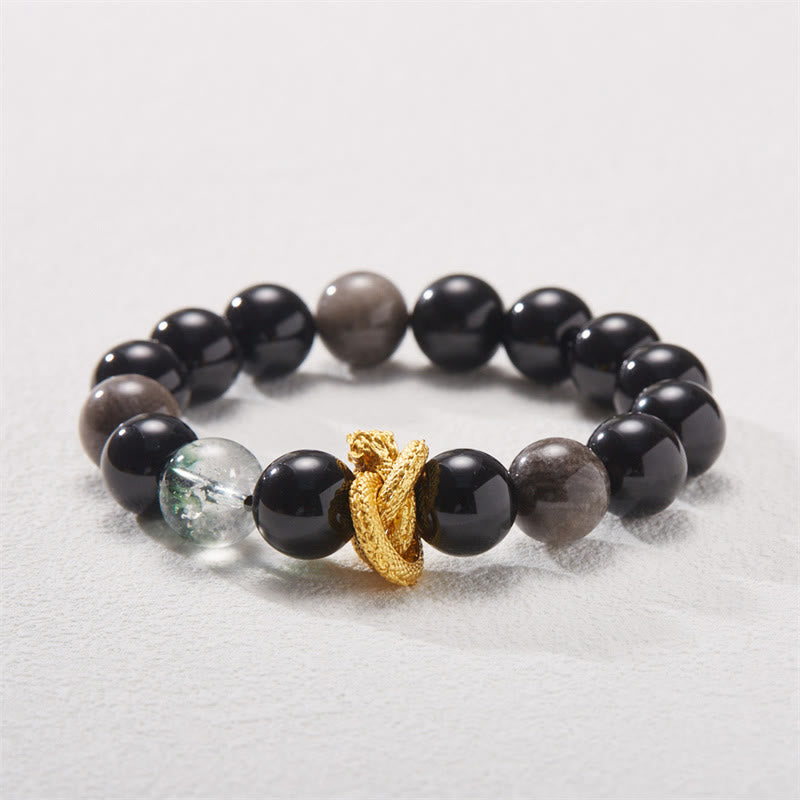 Natural Silver Sheen Obsidian Dragon Green Phantom Protection Bracelet