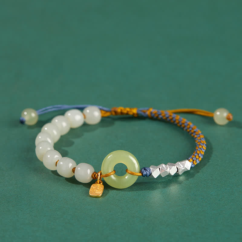 Hand-Woven Hetian Jade Ping An Kou Gold Plated Sterling Silver Beaded Bracelet