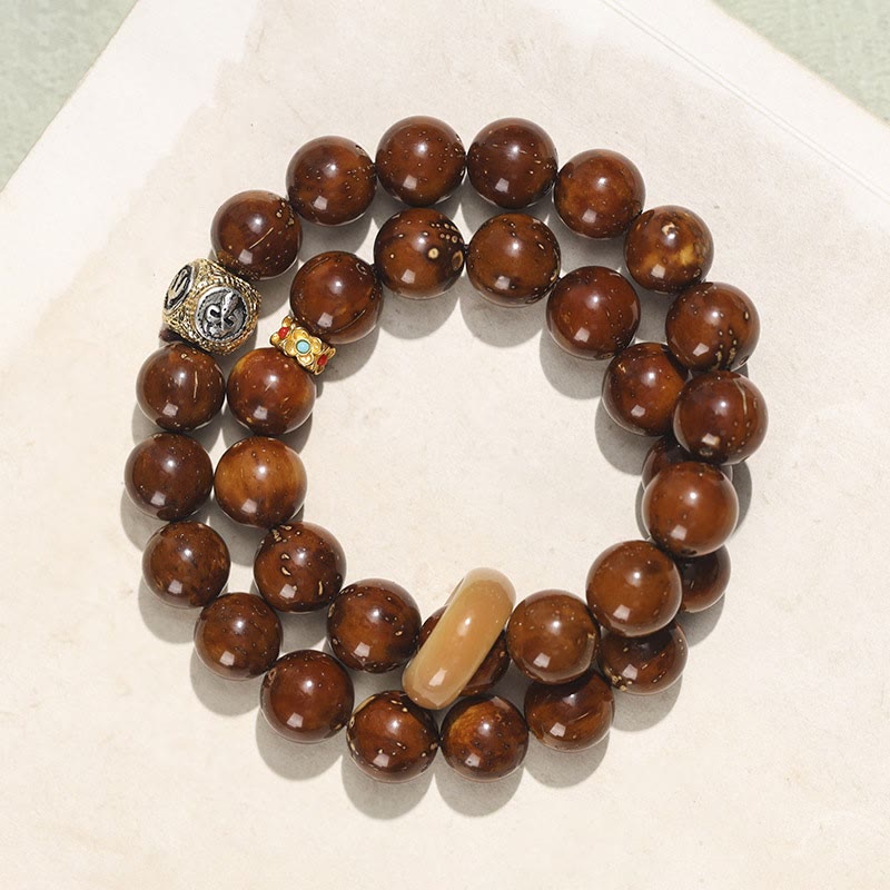 Tibetan Style Double Wrap Bracelet with Turquoise, Copper and Natural Purple Gold Rat Bodhi Seeds
