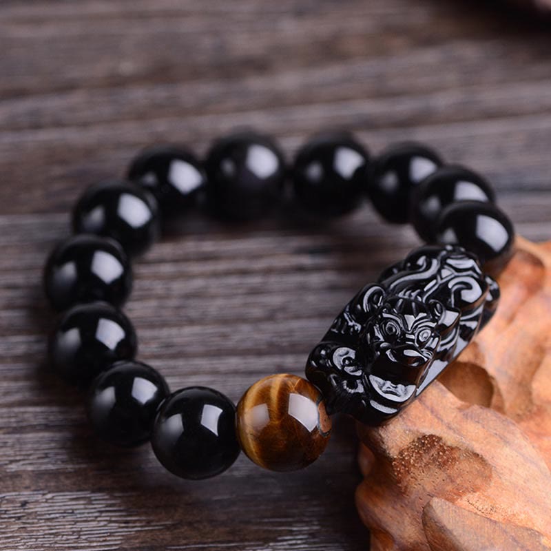 Natural Black Obsidian and Tiger Eye Pixiu Beaded Energy Bracelet