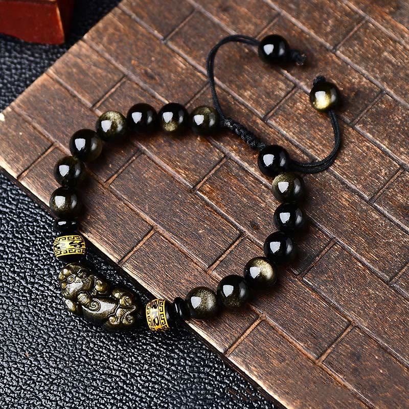 Natural Gold Sheen Obsidian Pixiu Om Mani Padme Hum Braided Bracelet
