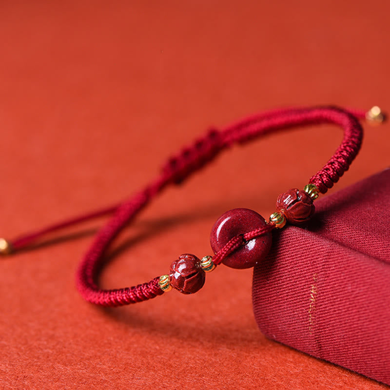 Handmade Cinnabar Peace Buckle Lotus Calm Blessing Braided Rope Bracelet