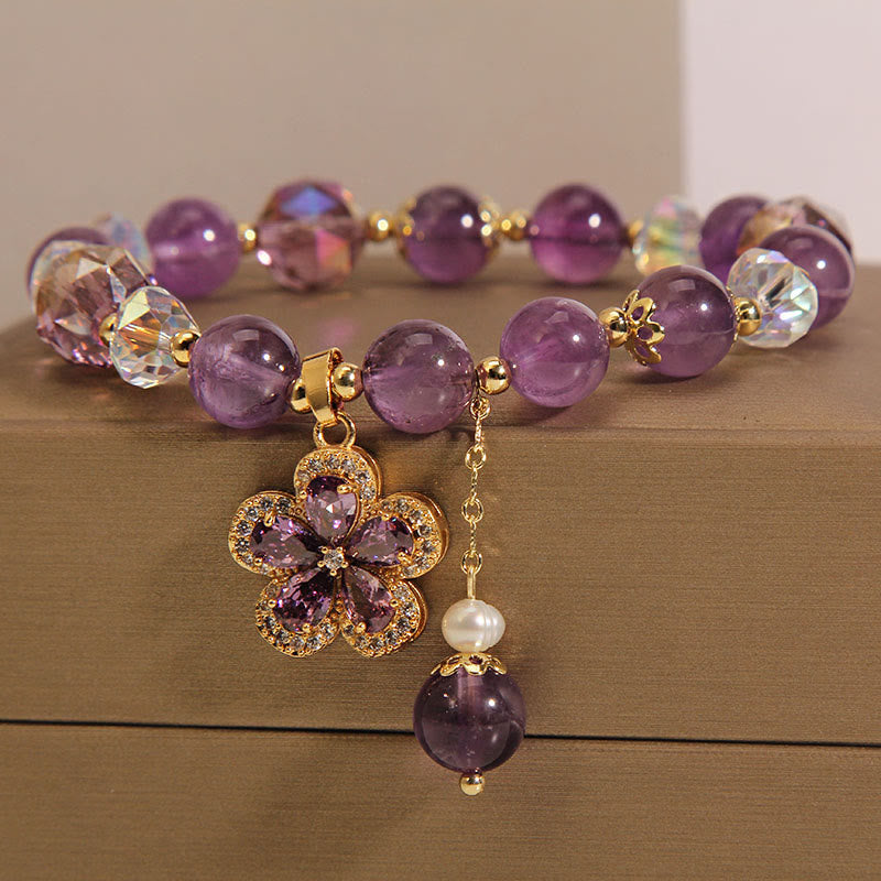 Natural Amethyst and Pearl Flower Charm Transformation Bracelet
