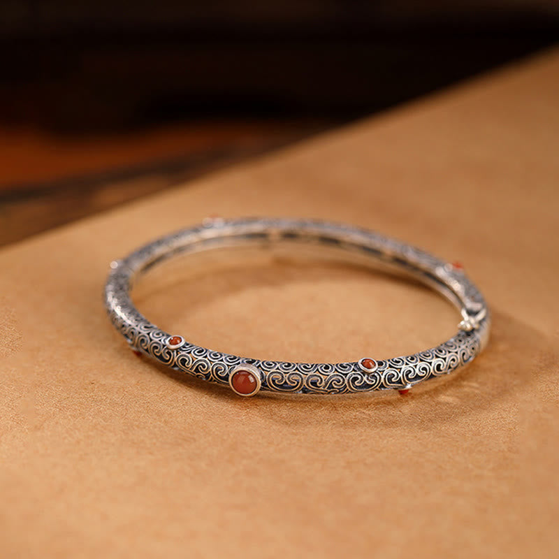 Vintage Tang Dynasty Flower Design Engraved Red Agate Copper Luck Bracelet Bangle