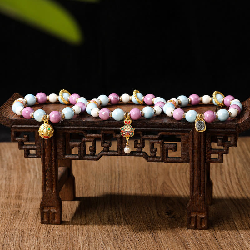 Tibetan Zakiram Goddess of Wealth Rabbit Lion Head Charm Liuli Glass Incense Ash Porcelain Bead Protection Bracelet
